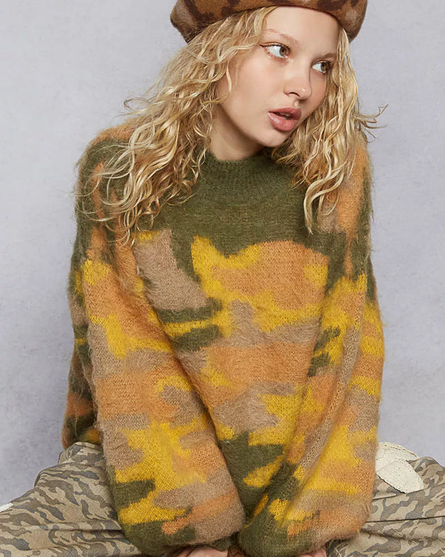 POL Mock Neck Abstract Colorblock Pattern Sweater - Sleekdenim.com