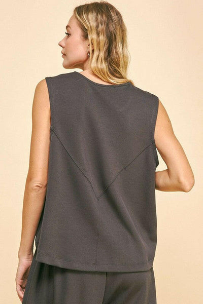 Davi & Dani Drawstring Hem Round Neck Tank and Pants Set Charcoal