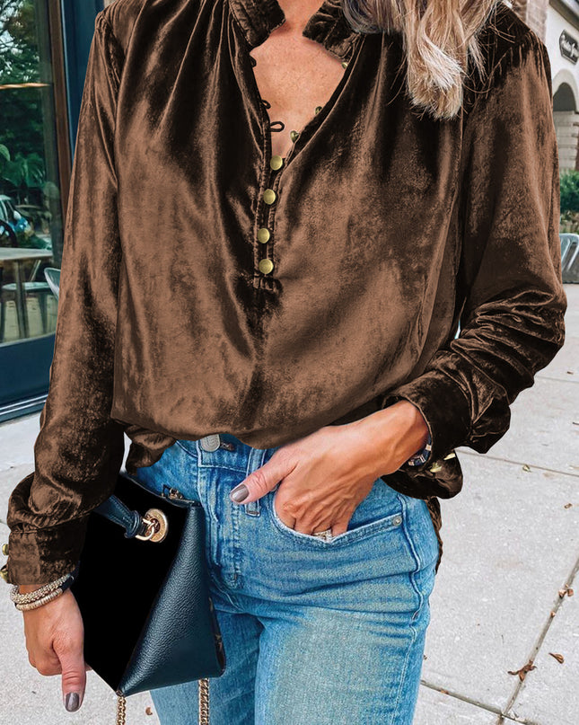 Red Frilled Buttoned V Neck Velvet Blouse