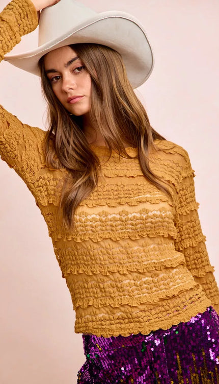 BiBi Ruffles Detail Mardi Gras Color Flower Lace Top - 8