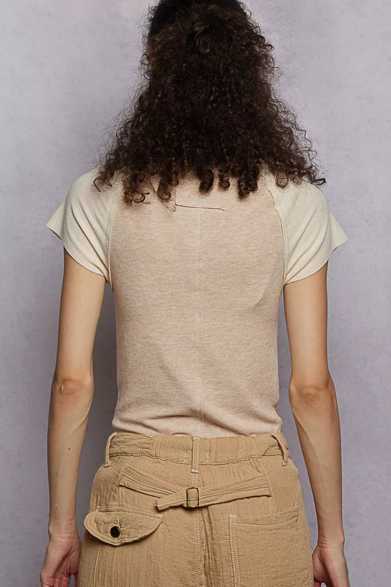 POL Outseam Detail Ribbed T-Shirt with Contrast Color Sleeves - Sleekdenim.com