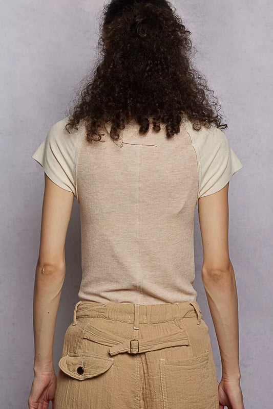 POL Outseam Detail Ribbed T-Shirt with Contrast Color Sleeves - Sleekdenim.com