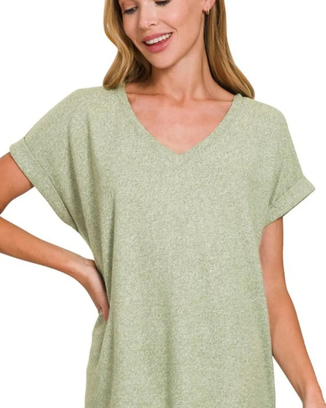Zenana Soft Melange Hacci V-neck Tee - Sleekdenim.com