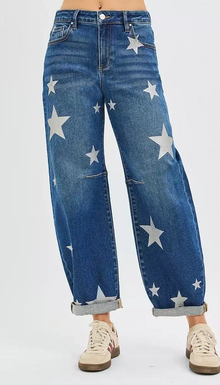 RISEN Mid Rise Ankle Length Relaxed Barrel Star Printed Jeans - Sleekdenim.com