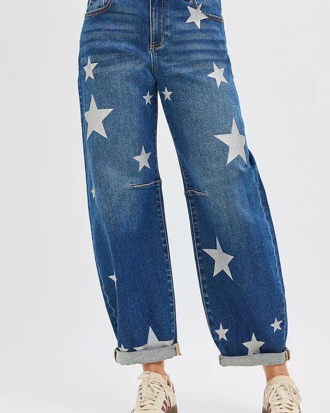 RISEN Mid Rise Ankle Length Relaxed Barrel Star Printed Jeans - Sleekdenim.com