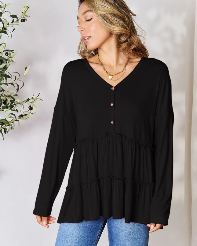 Double Take Half Button Long Sleeve Ruffle Hem Blouse - Sleekdenim.com