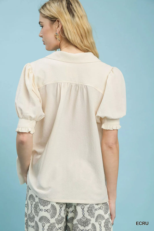 Umgee Seersucker Puff Sleeve Blouse - Sleekdenim.com