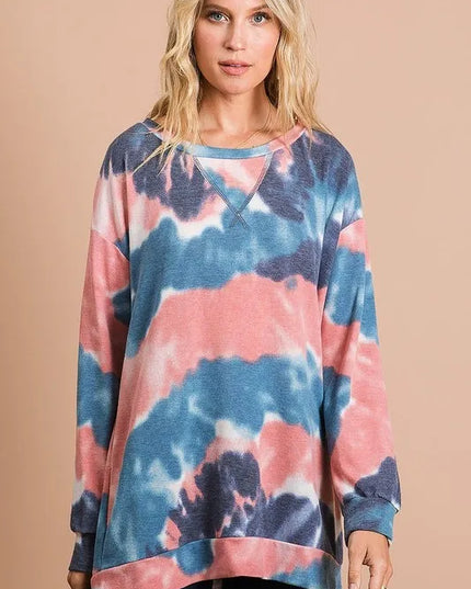 BiBi Tie Dye French Terry Pull Over with Front Stitching Detail - Sleekdenim.com