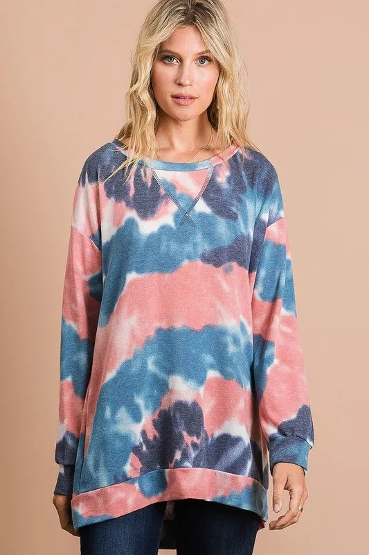 BiBi Tie Dye French Terry Pull Over with Front Stitching Detail - Sleekdenim.com