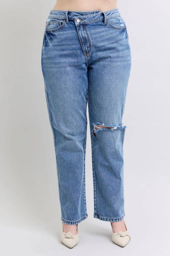 Judy Blue High Waist Rigid Magic Criss-Cross Waistband Dad Jeans 88883 | Sleekdenim.com