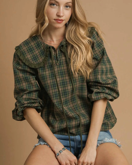 Umgee Full Size Plaid Ruffle Collar Blouse Plus Size - Sleekdenim.com