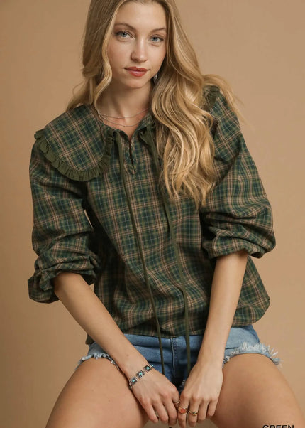 Umgee Full Size Plaid Ruffle Collar Blouse Plus Size - Sleekdenim.com