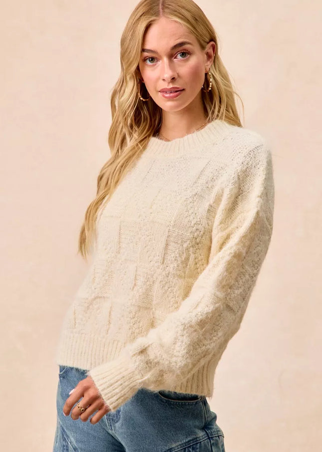 BiBi Checker Board Drop Shoulder Sweater - Sleekdenim.com