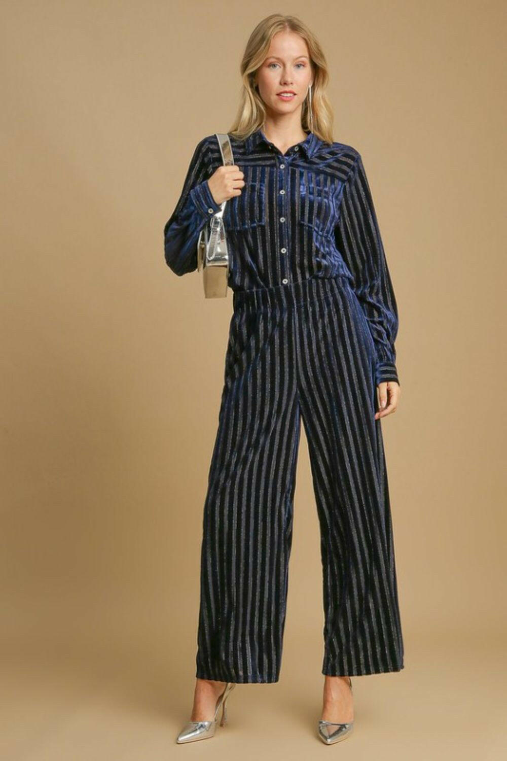 Umgee Full Size Elastic Waist Striped Wide Leg Velvet Pants Navy