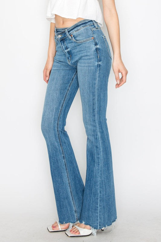 AT1098FLM - HIGH RISE CROSSOVER WAIST FLARE JEANS