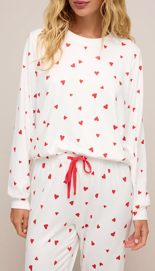 Fiery Red Heart Print Long Sleeve Pullover and Pants Set - Sleekdenim.com