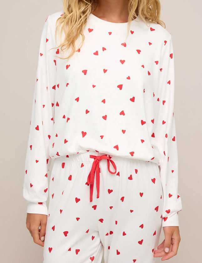 Fiery Red Heart Print Long Sleeve Pullover and Pants Set - Sleekdenim.com