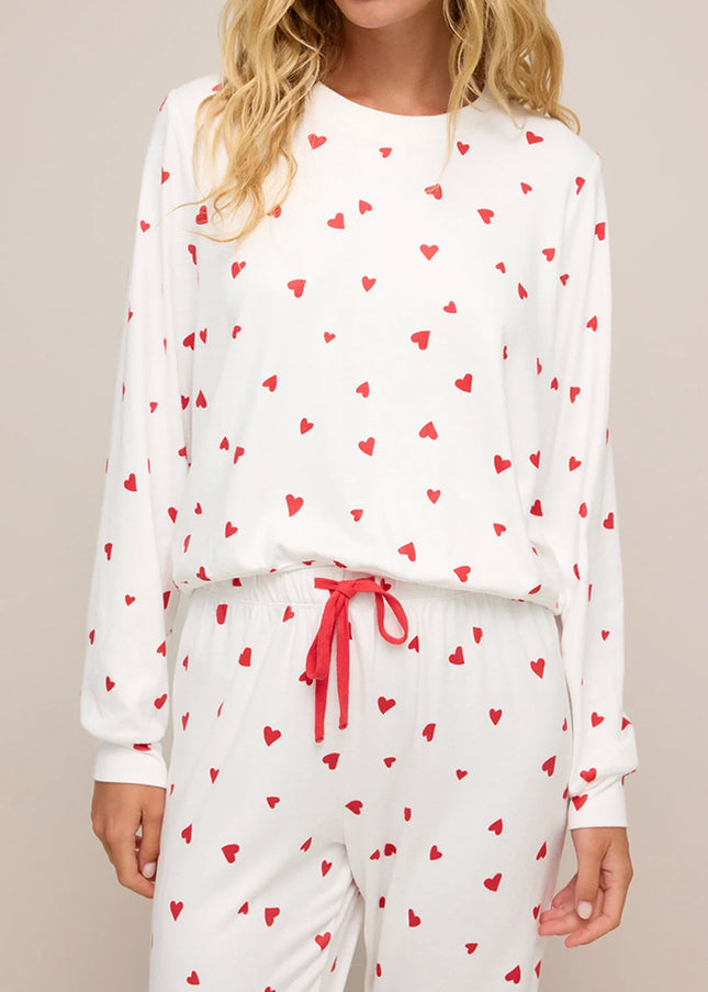 Fiery Red Heart Print Long Sleeve Pullover and Pants Set - Sleekdenim.com