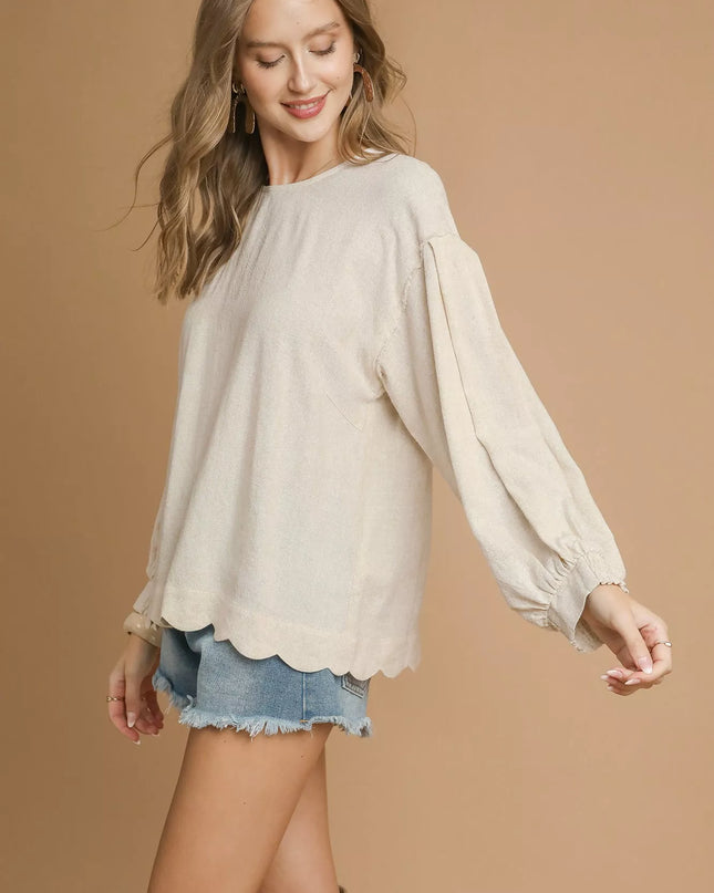 Umgee Linen Scallop Hem Long Sleeve Blouse - Sleekdenim.com