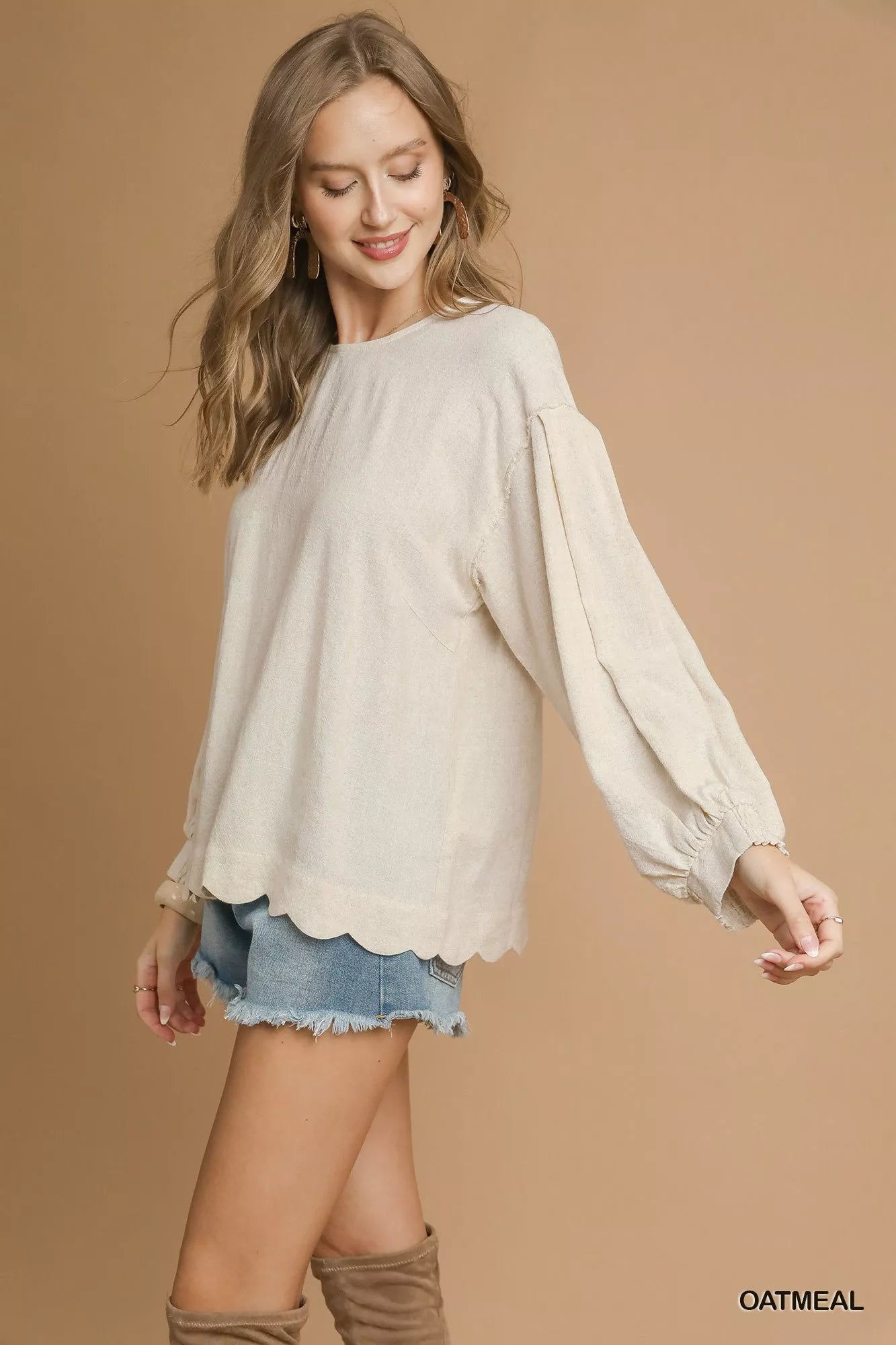 Umgee Linen Scallop Hem Long Sleeve Blouse - Sleekdenim.com