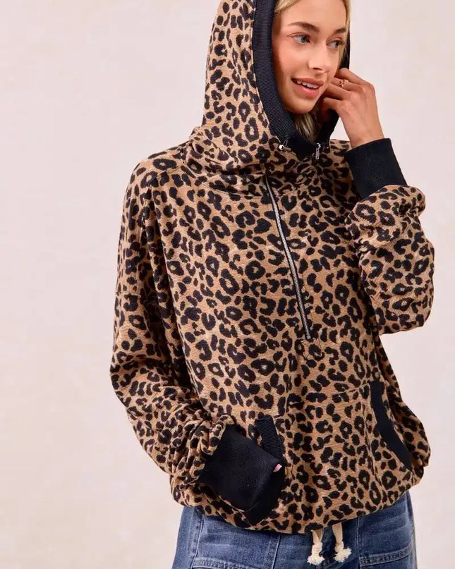 BiBi Leopard Print Waffle Half Zip Up Hoodie W Pocket - Sleekdenim.com