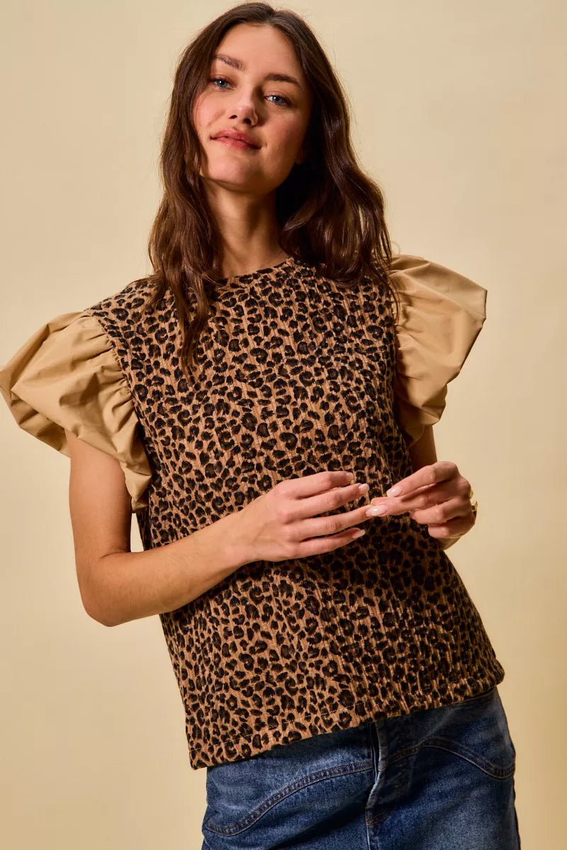 SO ME Leopard Pointelle Knit Top with Puff Sleeves - 1