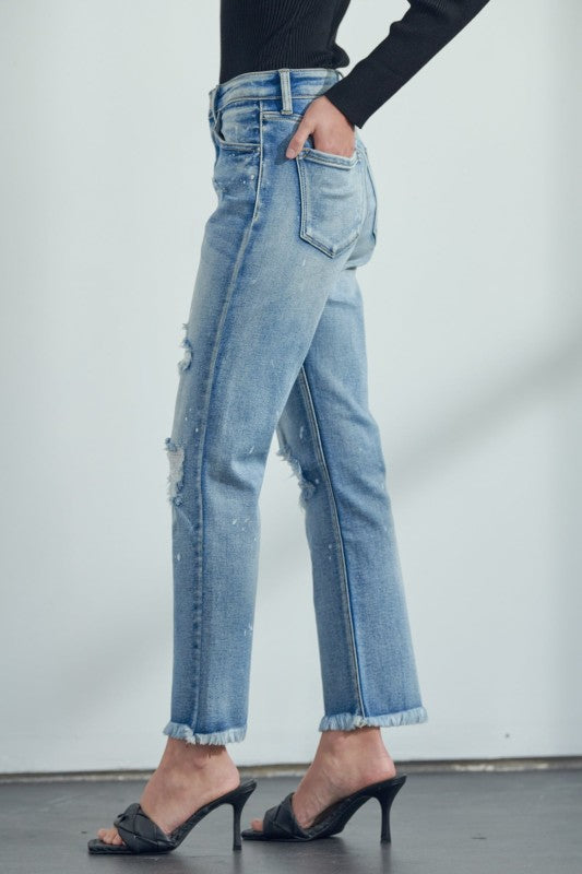 AT1050STM High Rise Distressed Straight Jeans - Sleekdenim.com
