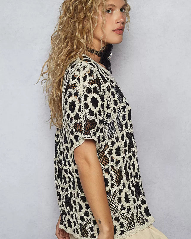 POL Openwork Short Sleeve Crochet Knit Top with Weave Knit Patterns - Sleekdenim.com