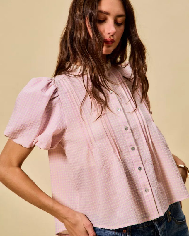 SO ME Gingham Lace Trim Button Bubble Sleeves Blouse - Sleekdenim.com