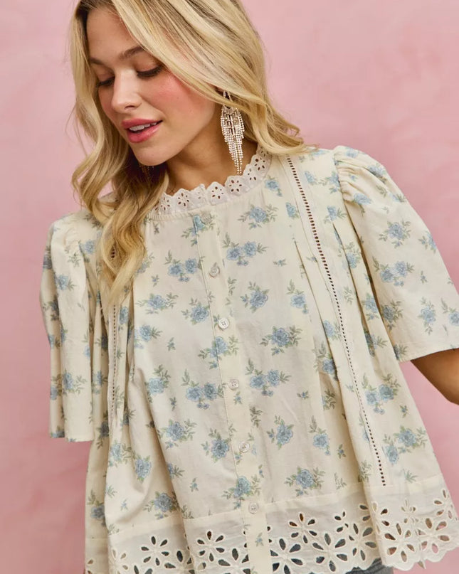 SO ME Floral Print Lace Trim Flutter Sleeves Blouse - Sleekdenim.com