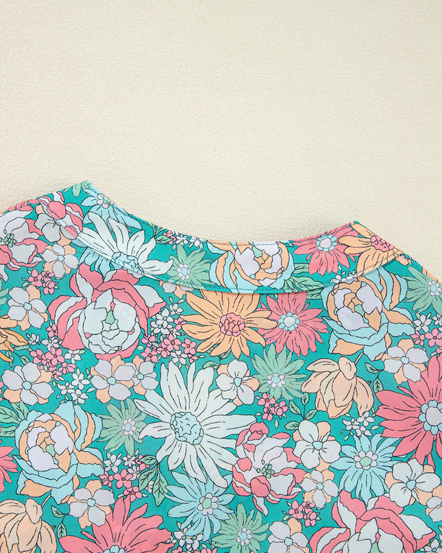 Multicolour Floral Print Short Puff Sleeve V Neck Boho Peplum Blouse - Sleekdenim.com