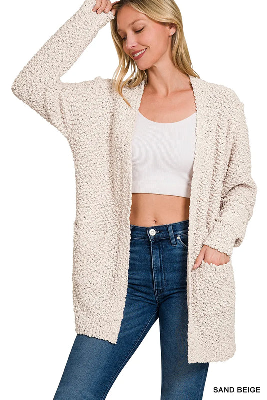 Zenana Long Sleeve Popcorn Sweater Cardigan with Pockets - Sleekdenim.com