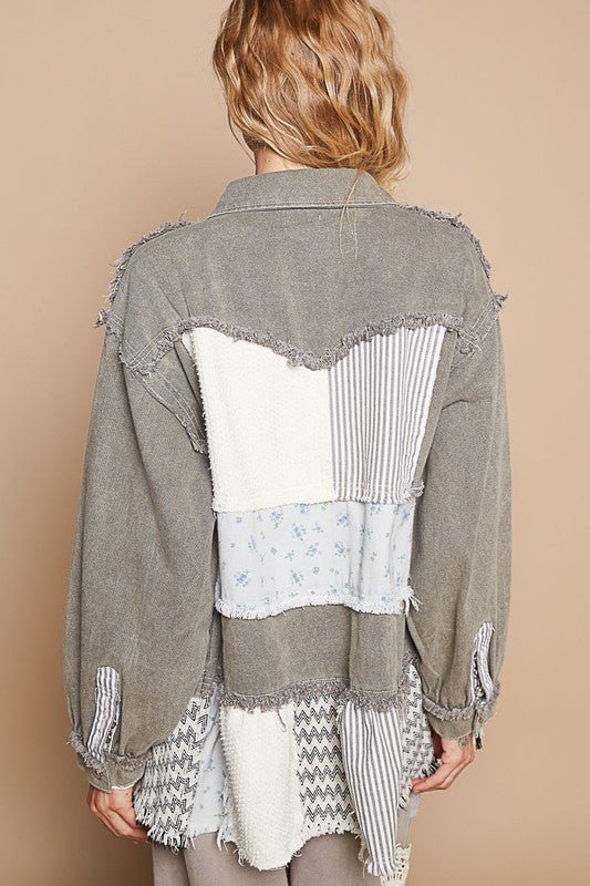 POL Raw Hem Patchwork Dropped Shoulder Jacket | Sleekdenim.com