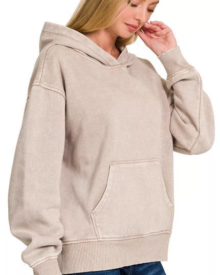 Zenana Fleece Acid Wash Kangaroo Pocket Hoodie - Sleekdenim.com