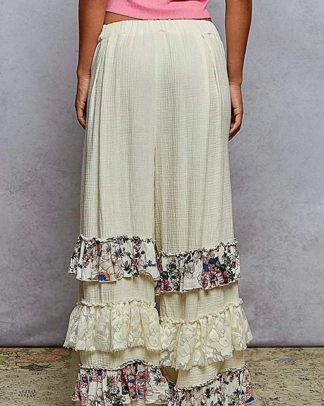 POL Drawstring Double Gauze Wide Leg Pants with Print and Lace Ruffle - Sleekdenim.com