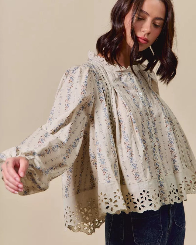 SO ME Floral Print Lace Button Down Shirt - Sleekdenim.com