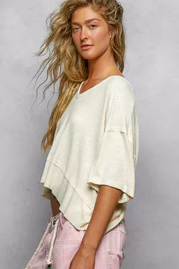 POL Short Sleeve Ccopped Rib T-Shirt with Contrast Stitch Detail - Sleekdenim.com