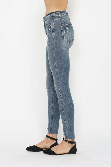 Judy Blue Full Size Tummy Control Vintage Wash Hem Destroy Skinny Jeans | Sleekdenim.com