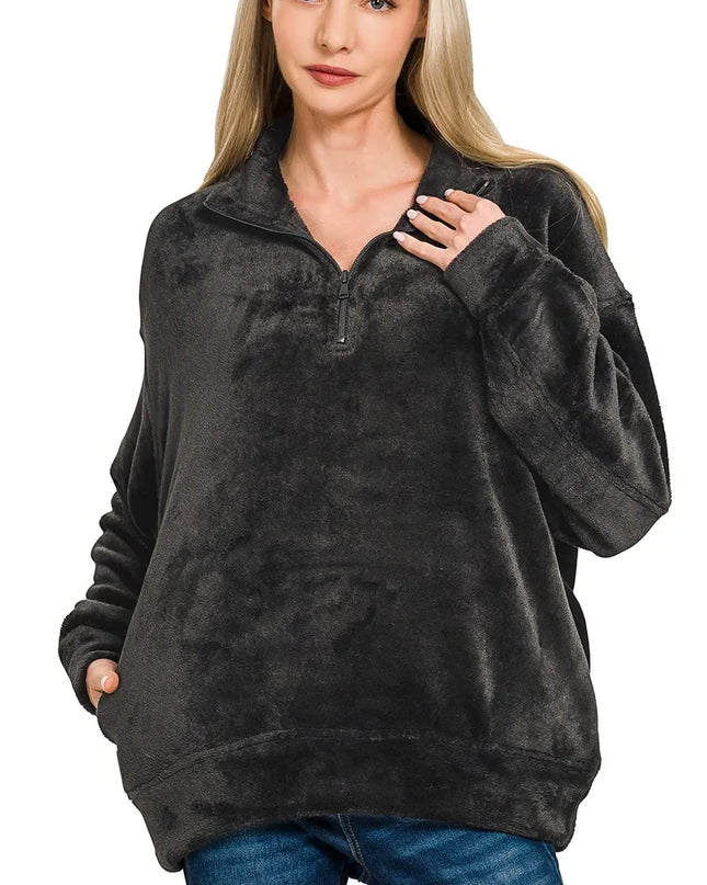 Zenana Faux Fur Half Zip Pocket Pullover - Sleekdenim.com
