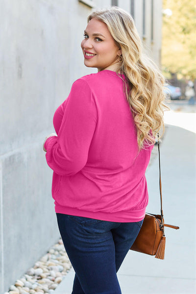 Basic Bae Full Size V-Neck Lantern Sleeve Top Hot Pink