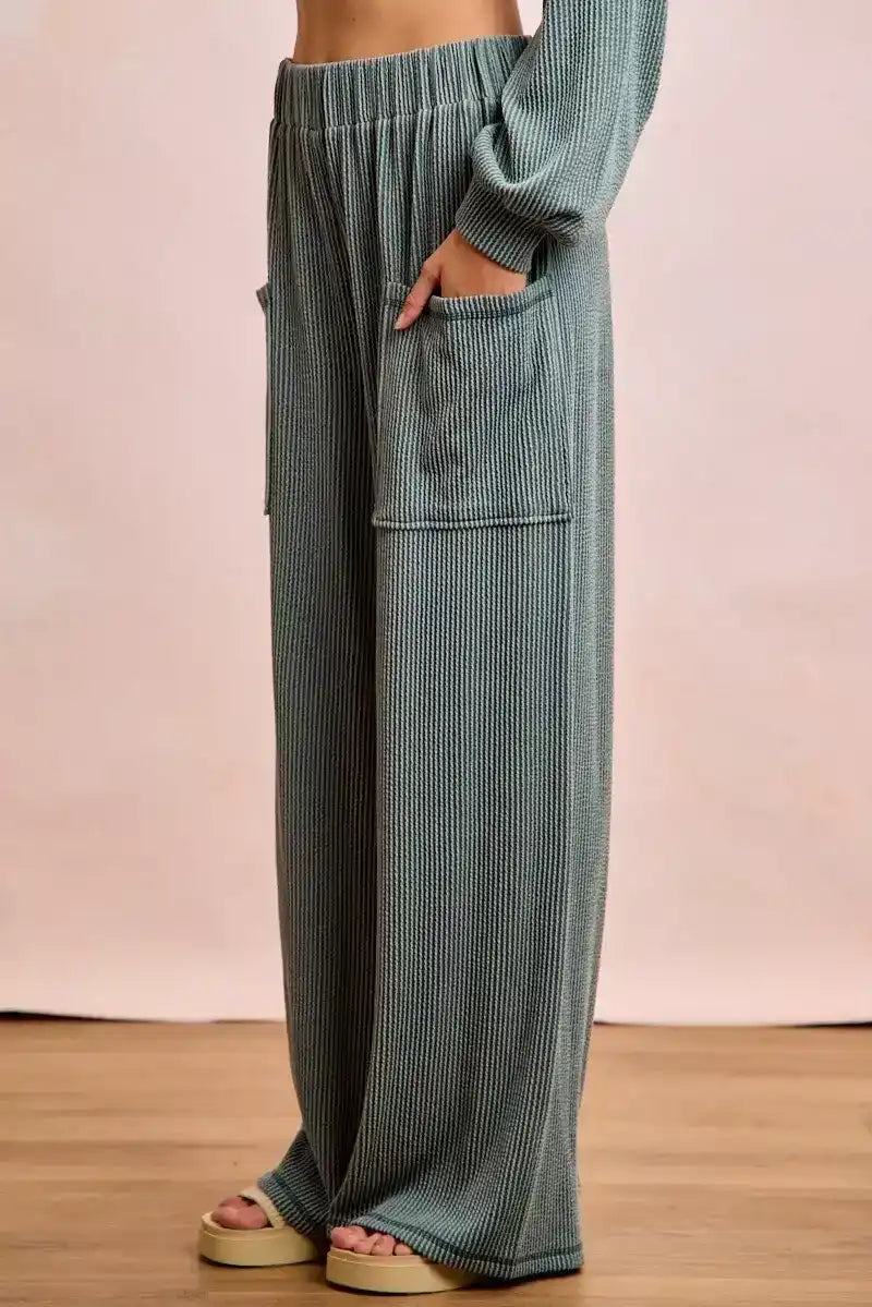 BiBi Two Tone Cord Rib Contrast Stitching V-Neck Top and Pants Set - Sleekdenim.com