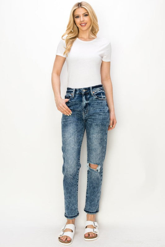 AT1061MMD HIGH RISE STRETCH DISTRESSED MOM JEANS - Sleekdenim.com
