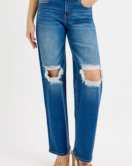 RISEN Full Size Mid Waist Fit Boyfriend Knee Distressed Jeans Plus Size - Sleekdenim.com
