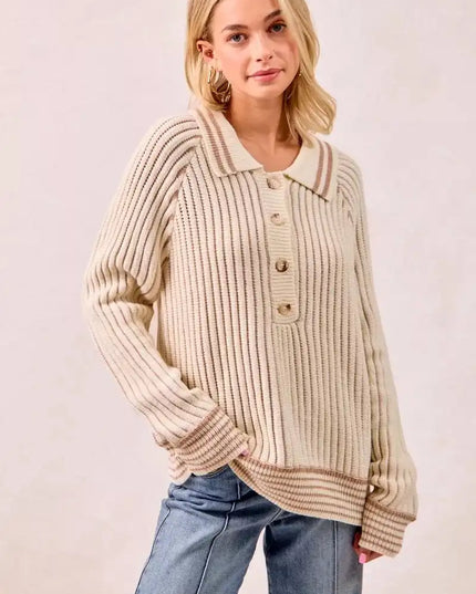BiBi Half Button Ribbed Two Tone Sweater - Sleekdenim.com