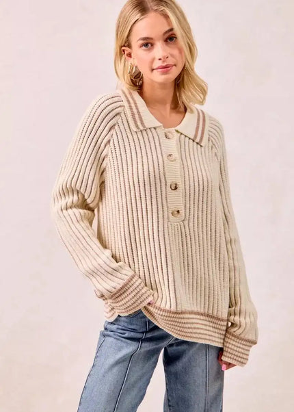 BiBi Half Button Ribbed Two Tone Sweater - Sleekdenim.com