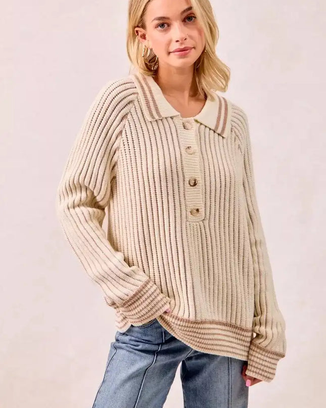 BiBi Half Button Ribbed Two Tone Sweater - Sleekdenim.com