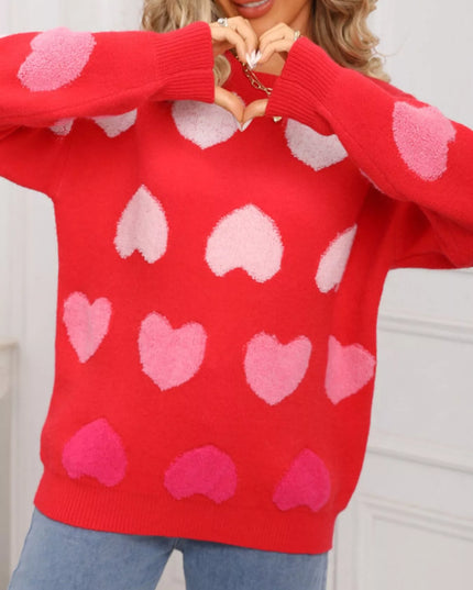 Valentine's Day Heart Pattern Fuzzy Knit Sweater - Sleekdenim.com