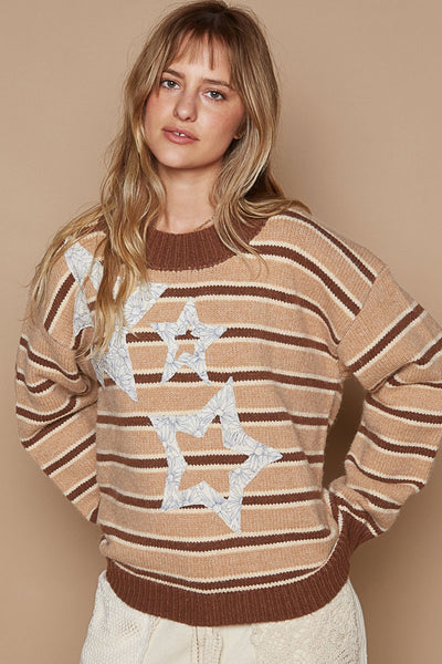 POL Star Patch Stripe Round Neck Sweater