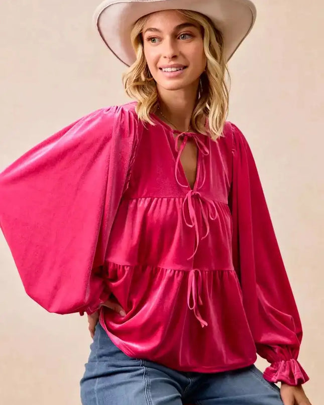 BiBi Christmas Theme Velvet Bow Tied Blouse - Sleekdenim.com