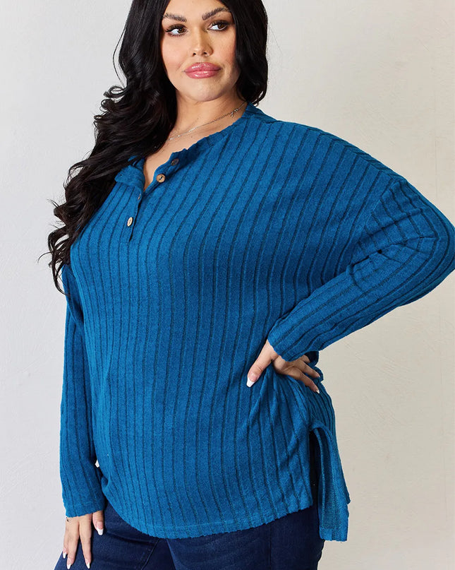 Basic Bae Full Size Ribbed Half Button Long Sleeve High-Low T-Shirt - Sleekdenim.com
